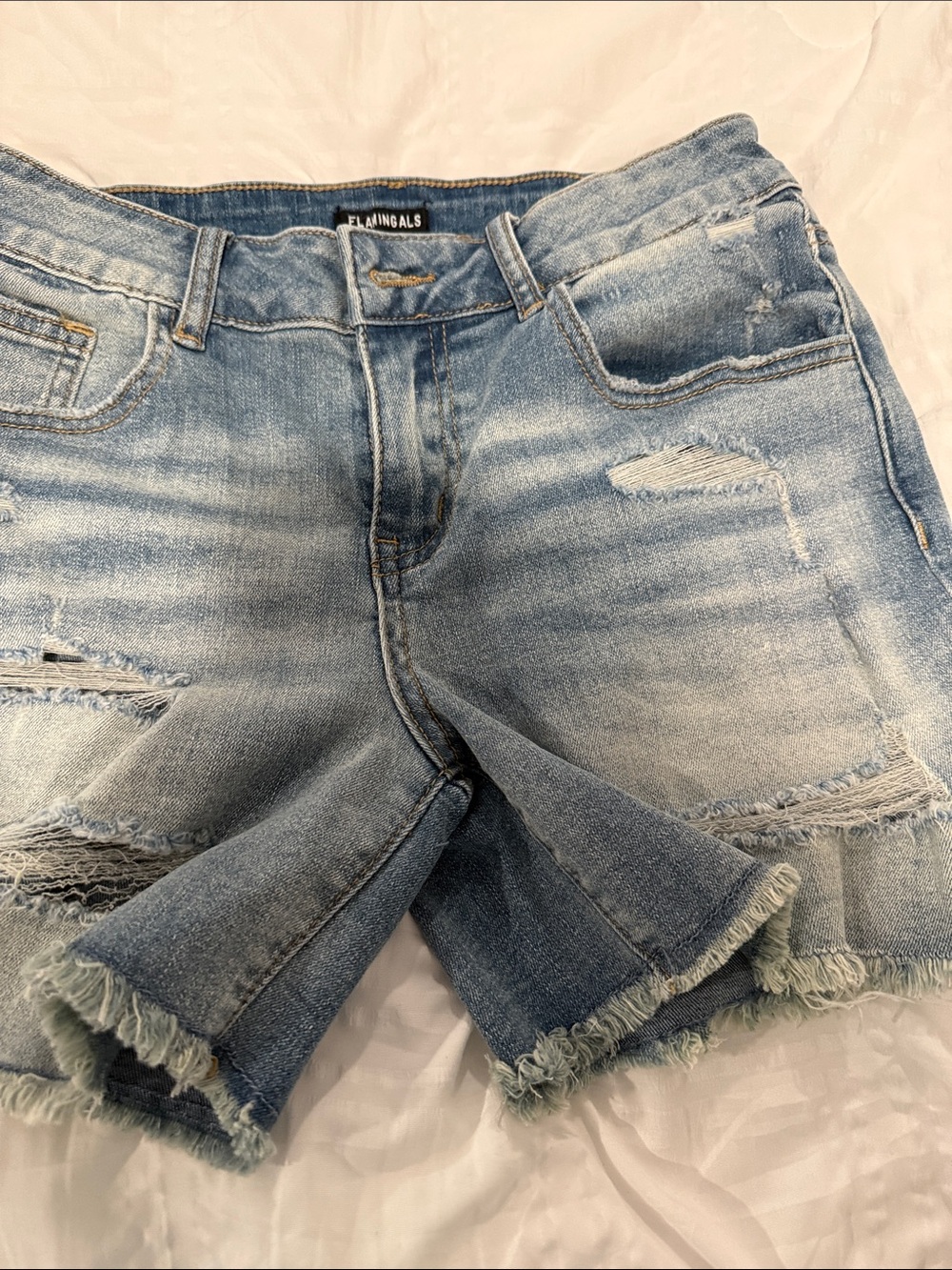 Flamingals Light Wash Distressed Denim Shorts